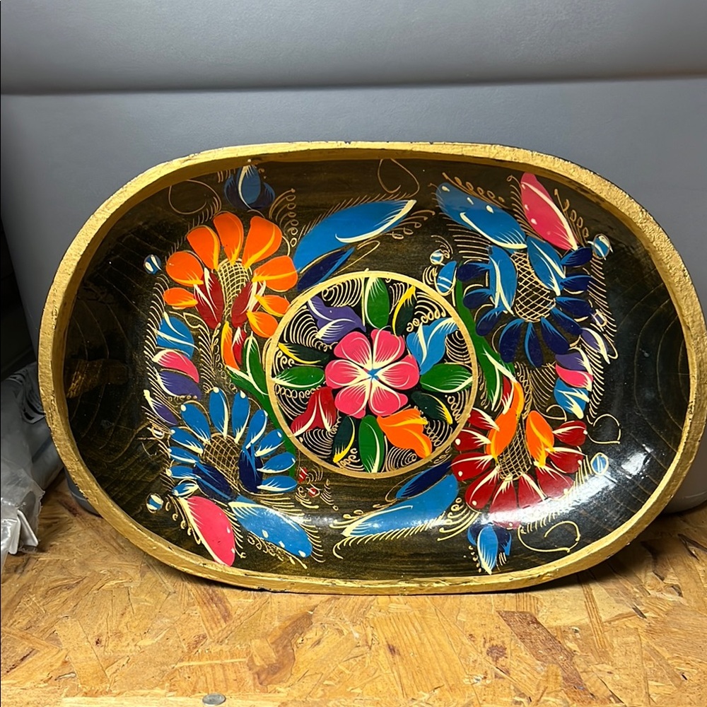 Vintage Tole Bowl Colorful Floral Decorative Tray